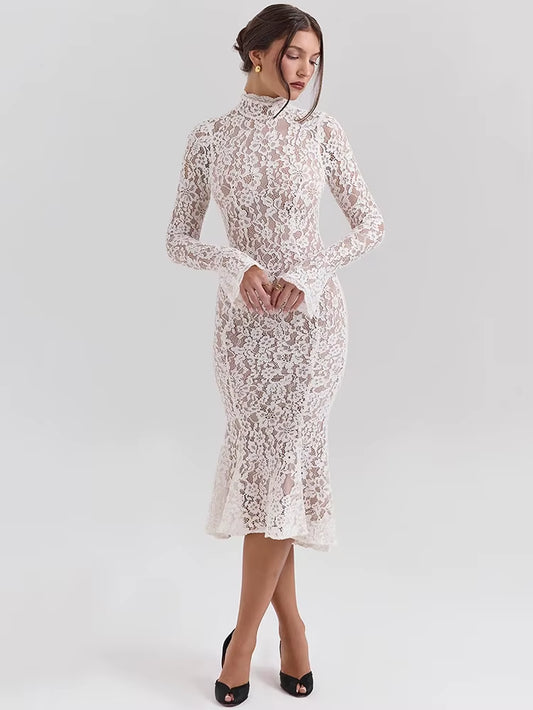 Lace Long Sleeve Sexy Midi Dress for Women Elegant White Half High Collar High Waist Bodycon Club Party Sexy Long Dress