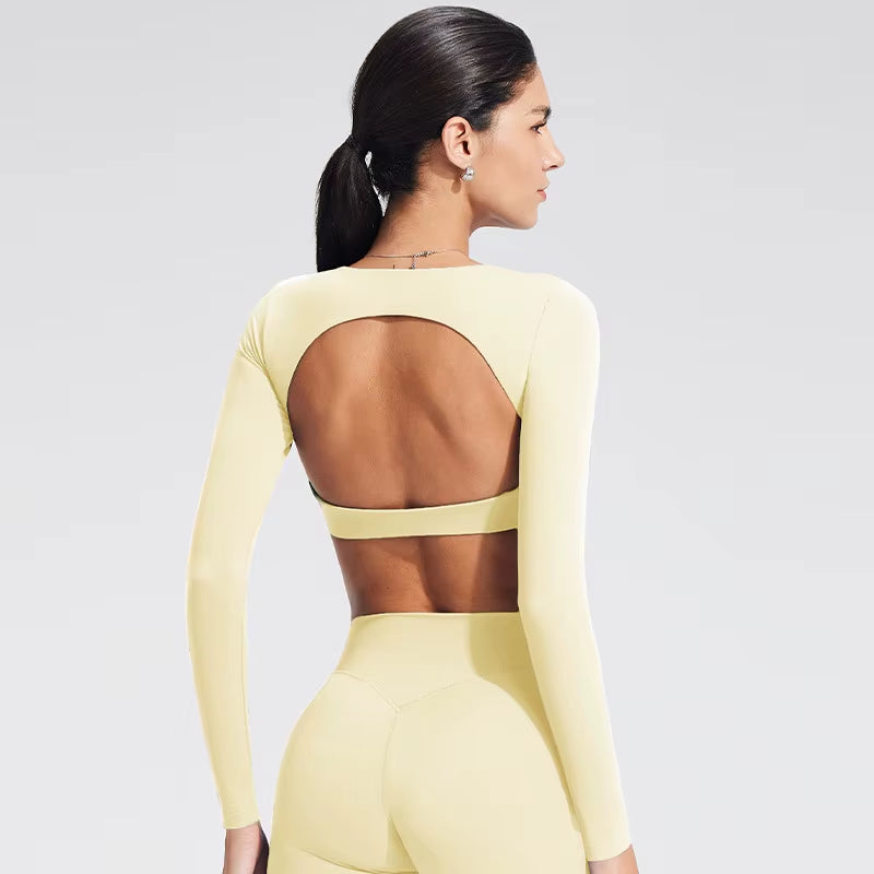 Yoga Top with Built-In Bra Long-Sleeve Women'S Gym Clothes Backless Workout Tee High Elastic Breathable Fitness Shirt