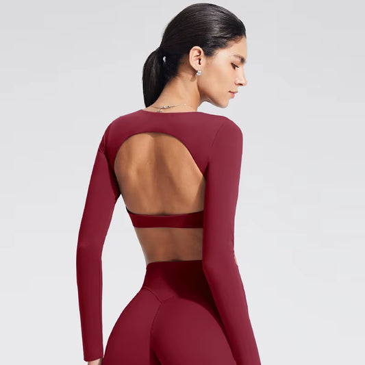 Yoga Top with Built-In Bra Long-Sleeve Women'S Gym Clothes Backless Workout Tee High Elastic Breathable Fitness Shirt