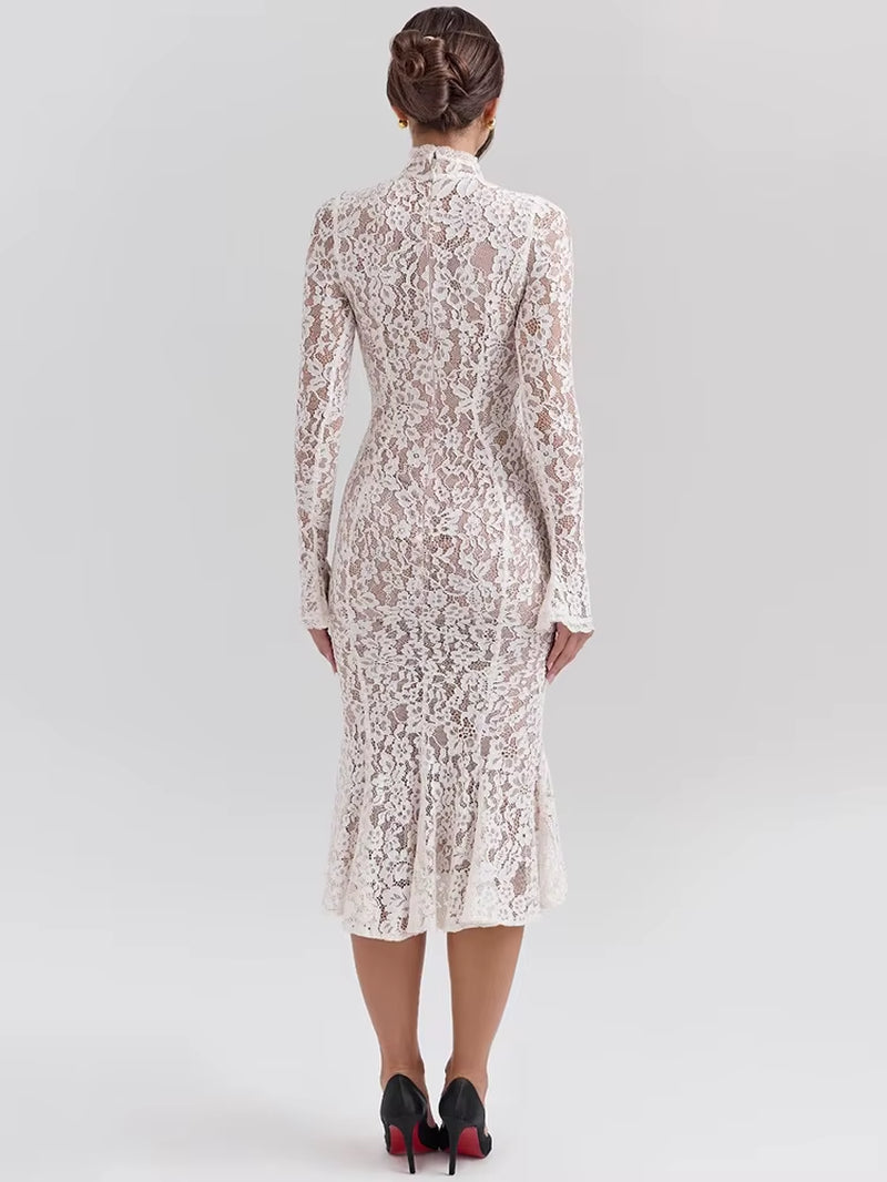 Lace Long Sleeve Sexy Midi Dress for Women Elegant White Half High Collar High Waist Bodycon Club Party Sexy Long Dress