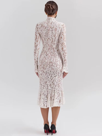 Lace Long Sleeve Sexy Midi Dress for Women Elegant White Half High Collar High Waist Bodycon Club Party Sexy Long Dress