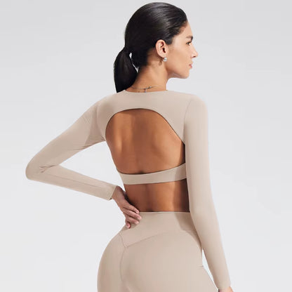 Yoga Top with Built-In Bra Long-Sleeve Women'S Gym Clothes Backless Workout Tee High Elastic Breathable Fitness Shirt