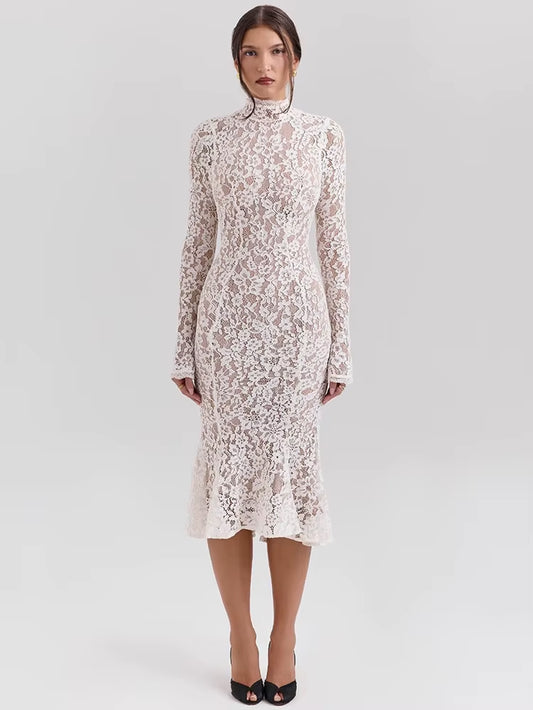 Lace Long Sleeve Sexy Midi Dress for Women Elegant White Half High Collar High Waist Bodycon Club Party Sexy Long Dress