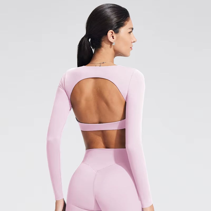 Yoga Top with Built-In Bra Long-Sleeve Women'S Gym Clothes Backless Workout Tee High Elastic Breathable Fitness Shirt