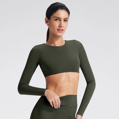 Yoga Top with Built-In Bra Long-Sleeve Women'S Gym Clothes Backless Workout Tee High Elastic Breathable Fitness Shirt
