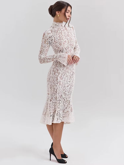 Lace Long Sleeve Sexy Midi Dress for Women Elegant White Half High Collar High Waist Bodycon Club Party Sexy Long Dress