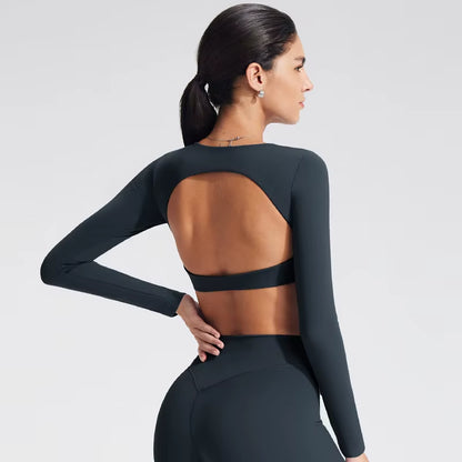 Yoga Top with Built-In Bra Long-Sleeve Women'S Gym Clothes Backless Workout Tee High Elastic Breathable Fitness Shirt